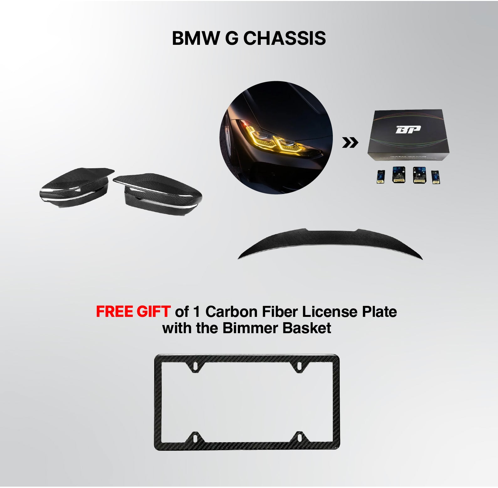 Bimmer Basket Carbon Fiber Gift Bundle - Mirror Caps, CSL DRL Module or Spoiler | BMW F & G Chassis
